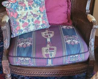 French cane back and seat occasional chair with loose cushions