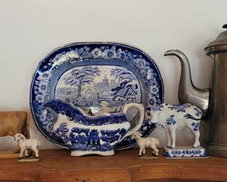Spode platter, Delft cow, tiles, and heart, Victorian wooden shelf, antique pewter 