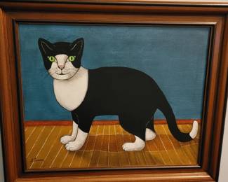 #158 Primitive Portrait of a White and Black Cat acrylic, painted by the homeowner, member of the Poquoson Art League