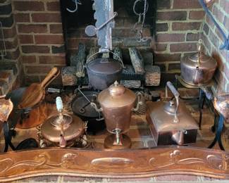 Eat-in Kitchen with exact replica of a fireplace at Historic Deerfield Museum in Massachusetts, antique copper and pewter