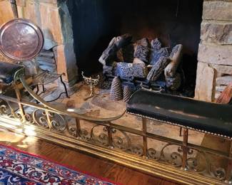 antique English brass fireplace fender with padded seats, see size details under Description