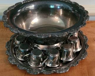 Towle silver plate punch bowl, 12 cups, and tray