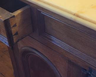 Marble top small cabinet, one of two, used as a side table