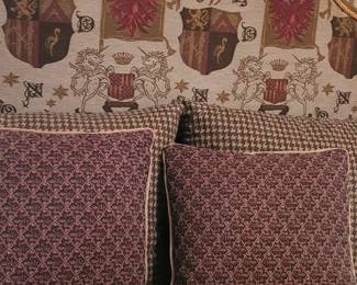 Victorian Brass bed with half-tester top & square brass tubing, comes apart in several pieces, comes w/custom upholstered headboard, bedskirt, bedding