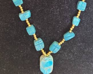 #2 blue turquoise scarab bead necklace 14" purchased in Egypt in the 1970's-early 1980's