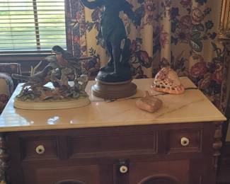 Pair of marble-top side tables with cabinet door & drawers