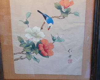 #29 Asian painting on silk, Bird on Branch