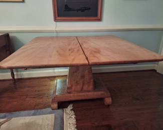 Antique maple game/card Empire style pedestal table, opened fully 46"x46"x29"