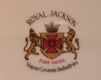 Royal Jackson Fine China, Rambler Rose, Vogue Ceramic Industries, 4 dinner plates, 4 tea cups, creamer & covered sugar, 2 10" serving bowls, one 15" platter, excellent condition 