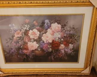 #105 Arrangement of Roses in gilt frame, signed Victor Santos 35"x26"