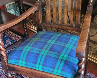 antique chair with tartan plaid upholstered seat