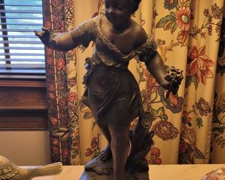 Emile Bruchon bronzed spelter statue w/wood base (circa 1880-1890) converted to a table lamp, 32" tall, "Pot Metal" (copper alloy primarily alloyed w/lead, late 19th C)