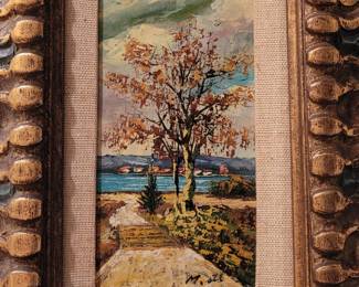 Original oil on canvas from the Stiffel Collection, signature M. Ott?, Fall Tree along Walkway to the River