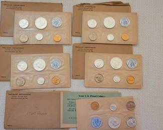 1960 US Mint silver Cameo Proof sets, 5 total, with original envelope, paperwork, and sealed cellophane holder