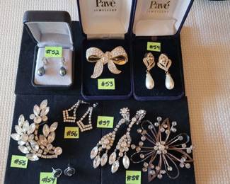 Rhinestone and simulated pearl vintage jewelry,  #52-#59