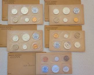1959 US Mint silver Cameo Proof sets, 5 total, with original envelope, paperwork, and sealed cellophane holder