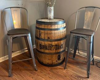 Metal bar stools with Buffalo Trace oak barrel table