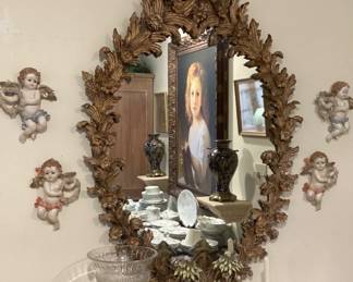 Hand carved mirror, gilt and wash finish