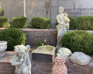 Vintage cement pots, statuary 