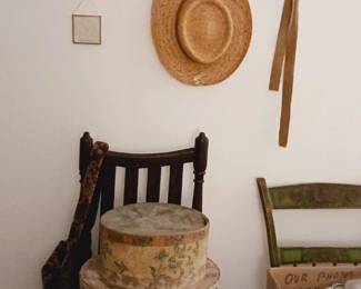 Antique wallpaper boxes, bannister back chair