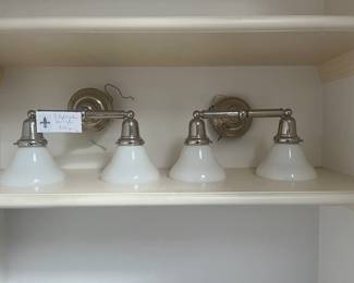 $180 Pair of chrome with white globe shades.    Available for pre-sale beginning at 9am Wednesday the 19th.