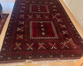 $800. Antique Turkish carpet 5'2" x 8' 5".  One as found where something heavy sat on it.   Shown in next photo.    Visible in bottom right corner of this photo. Available for Pre-sell which opens Wednesday April 18th at 9 am.