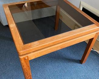  Sold in previous photo.  K. T. Nr.  Danish tinted glass and wood table, needs some oil to brighten the finish.  22" x 22" x 15"h.  close up.