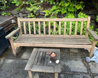 $240  Teak bench.   73.5” x 33”h x 25”d.  Available for Pre-sell which opens Wednesday April 18th at 9 am.