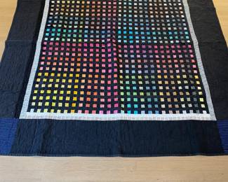 $900. Margaret Liston beautiful handmade quilt 71"x 69.5".   This is reversible and the next photo shows the other side.  All printing and construction is done by the artist.   As found, needs a one inch square stitched.  Available for pre-sale which opens at 9 am Wednesday, April 18th. 