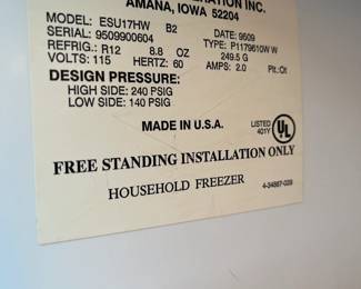 manufacturer's label inside the freezer