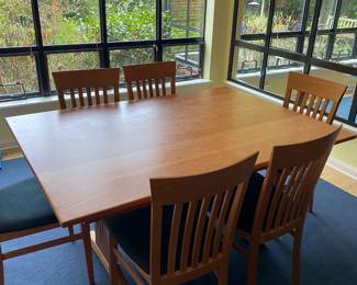 $1100   McKinnon Furniture Cherry MCM dining table.  60" l as shown x 42"w x 30"h.  Self extending leaves add 36 inches to have a 96"l table.  Six chairs.  Chairs are 18" x 19" 36"h.  Available for pre-sale which opens at 9 am Wednesday, April 18th.