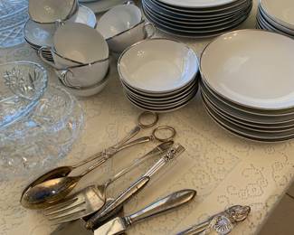 Harmony House white china with a silver band--my mom's wedding china that she never used plus assorted silver plate serving pieces
