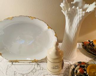 antique Limoges Porcelain Platter and large Westmoreland vase