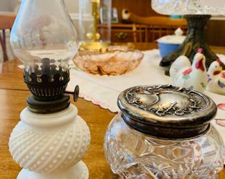 authentic miniature oil lamp used for bedside night lights in pre electricity days plus this is a gorgeous sterling lidded cut glass powder jar