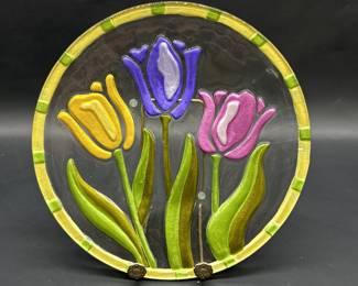 Gold Rim Plate w/ 3- Colorful Embossed Tulips