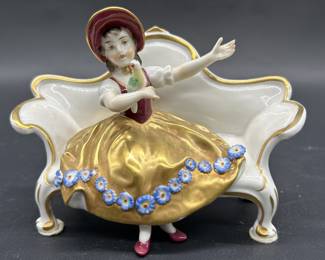Vintage Porcelain Figurine: Girl on Sofa w/ 22k