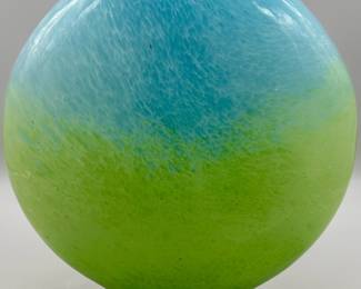 Sea Blue & Green Art Glass Flat Round Vase