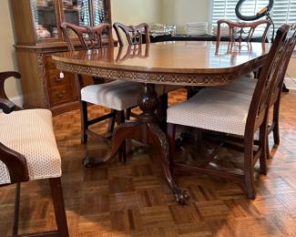 F33 - $175. 2 Pedestal Dining Table with 6 Chairs. Table has 1 leaf. 