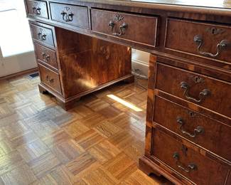 F22 - $175. 3 piece desk (top and sides move separately) Burled wood - veneer and leather show some wear. Beautiful antique statement piece. 
