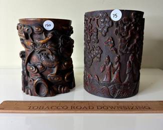 F75 - $150 dragon Brush pot (Rosewood?). $75 bamboo brush pot. 