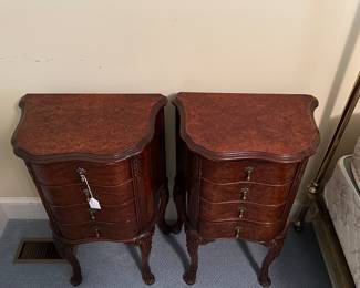 F50 - $225. Pair of Nightstands with burled wood veneer tops. In very good vintage condition. All drawers slide easily. 