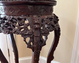 F11 - $125. Marble Insert Fern Stand. Measures 15" wide on the top. Body is 20" wide x 33" tall. Needs minor repairs (glue) on the base. 