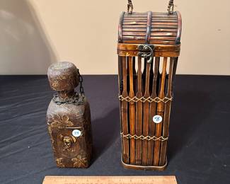 F20 - $25 leather decanter. $8 wine holder basket