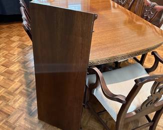 F33 - $175. 2 Pedestal Dining Table with 6 Chairs. Table has 1 leaf. 