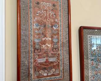 F5 - $75. Vintage Embroidery on Silk framed. Measures 14.5" x 27" 