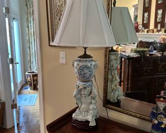 F52 - $125 - Blue & White Table Lamp. Leg has been glued on the bottom side - not noticeable unless you're looking hard!