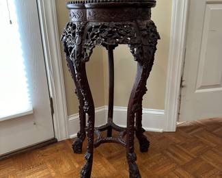 F11 - $125. Marble Insert Fern Stand. Measures 15" wide on the top. Body is 20" wide x 33" tall. Needs minor repairs (glue) on the base. 