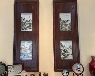 F10 - $400. 2 Large Wall Hangings with 4 Painted Porcelain Plaques in wooden frames. 