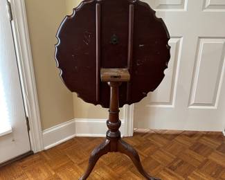 F9 - $85. Tilt Top Pie Crust Table. Measures 28" round x 28.5" tall. 