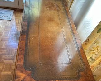 F22 - $175. 3 piece desk (top and sides move separately) Burled wood - veneer and leather show some wear. Beautiful antique statement piece. 